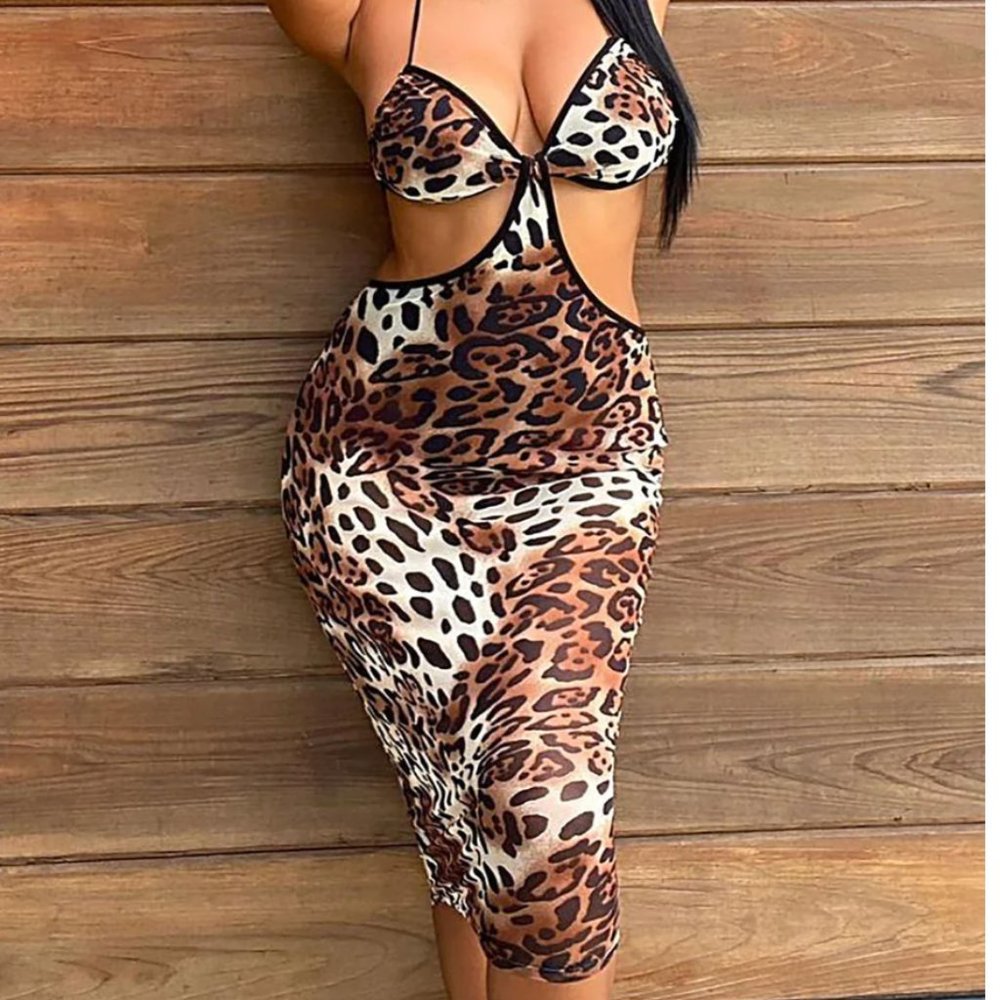 Fashion Nova Midi Leopard Dress (Fierce Feeling Mesh Midi Dress - Leopard)